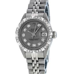 Rolex Ladies Stainless Steel Slate Grey Pyramid Diamond Datejust Wristwatch