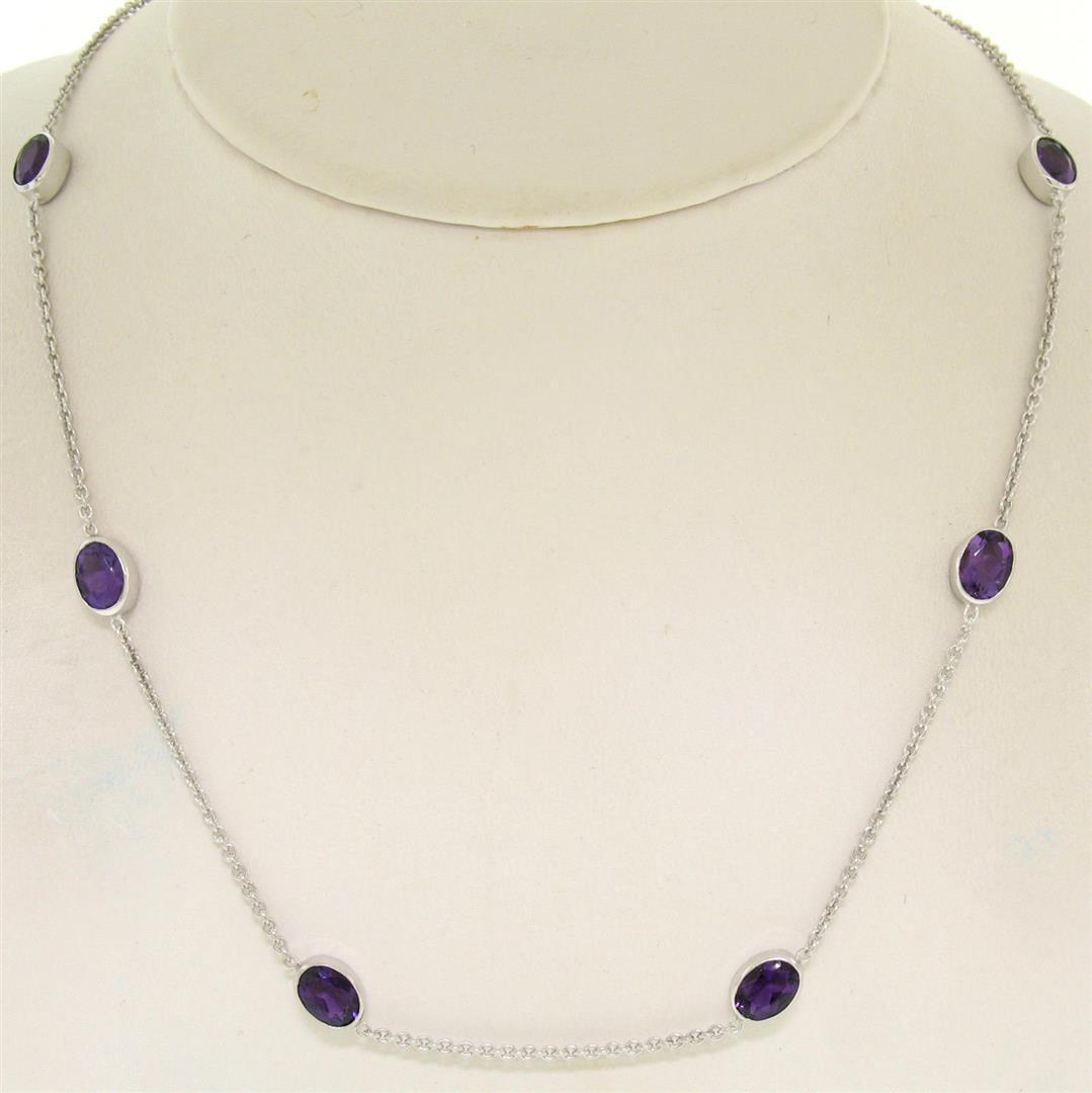 14k White Gold 8 ctw 8 Station Amethyst by the Yard 20" Cable Link Chain Necklac