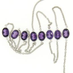 14k White Gold 8 ctw 8 Station Amethyst by the Yard 20" Cable Link Chain Necklac