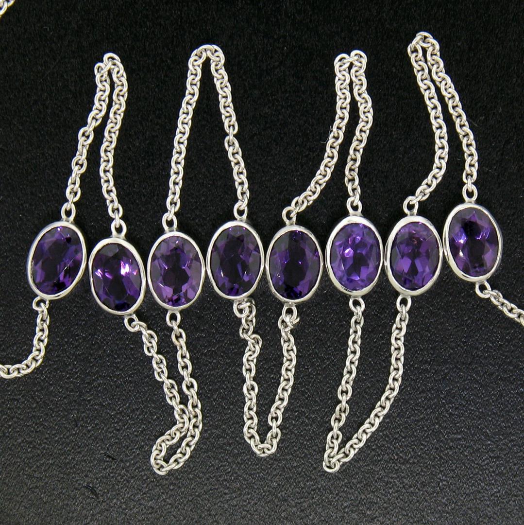 14k White Gold 8 ctw 8 Station Amethyst by the Yard 20" Cable Link Chain Necklac