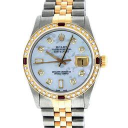 Rolex Mens 2 Tone 14K Mother Of Pearl Diamond & Ruby Datejust Wristwatch