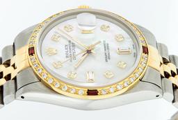 Rolex Mens 2 Tone 14K Mother Of Pearl Diamond & Ruby Datejust Wristwatch