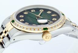 Rolex Mens 2 Tone 14K Green Vignette Diamond & Emerald Datejust Wristwatch