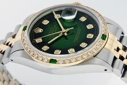 Rolex Mens 2 Tone 14K Green Vignette Diamond & Emerald Datejust Wristwatch