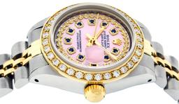 Rolex Ladies 2 Tone 14K Pink MOP Sapphire String Diamond Datejust Wristwatch