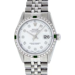 Rolex Mens Stainless Steel White Diamond & Emerald 36MM Datejust Wristwatch