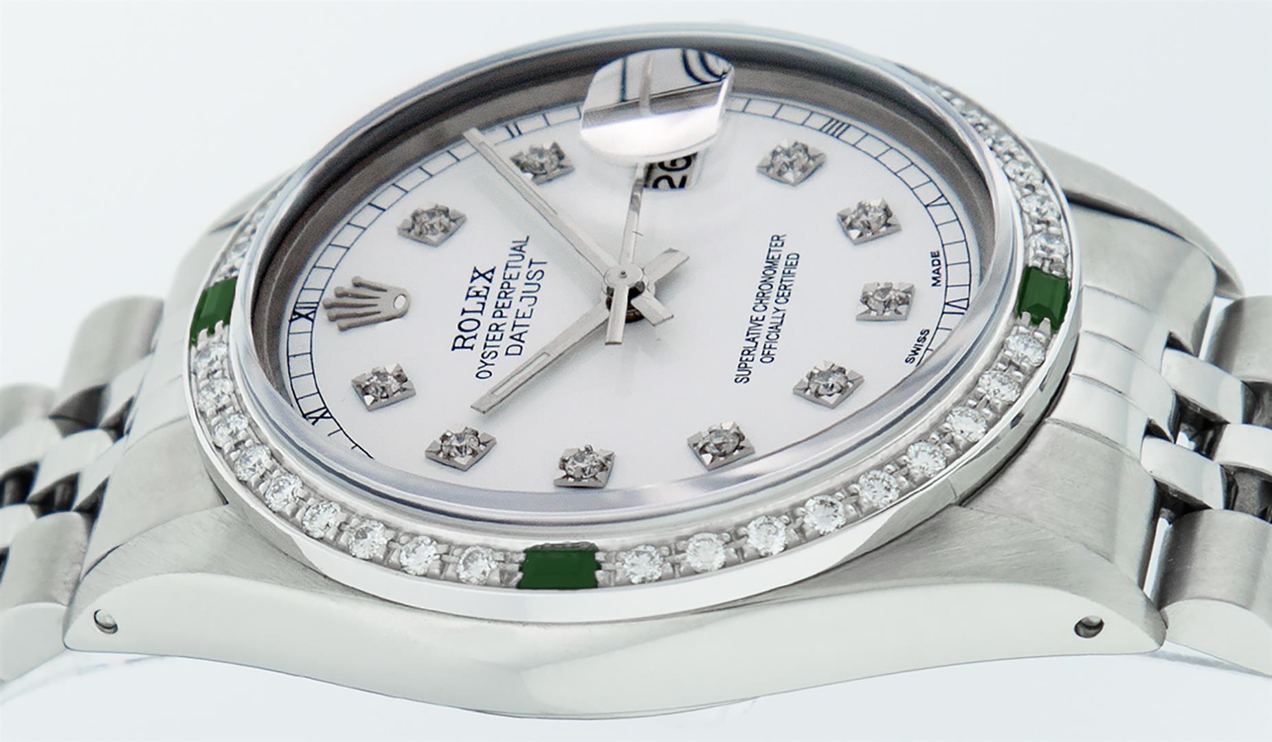 Rolex Mens Stainless Steel White Diamond & Emerald 36MM Datejust Wristwatch