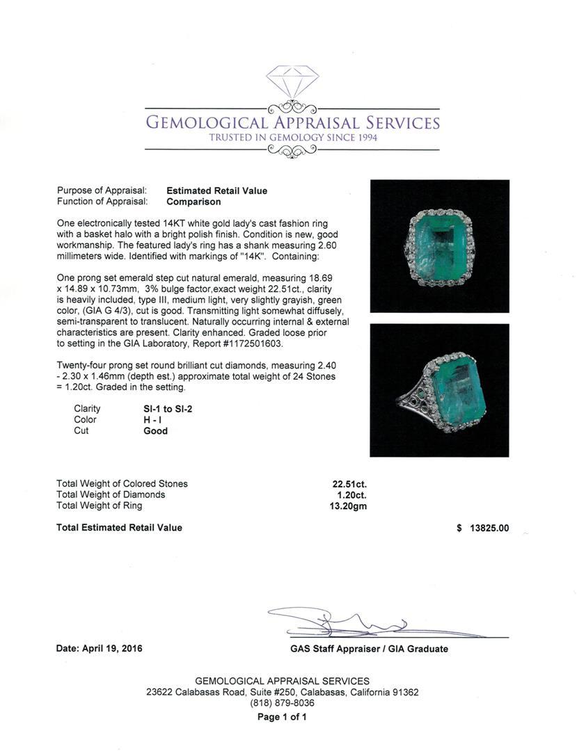 GIA Cert 22.51 ctw Emerald and Diamond Ring - 14KT White Gold