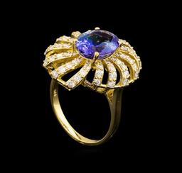 3.76 ctw Tanzanite and Diamond Ring - 14KT Yellow Gold