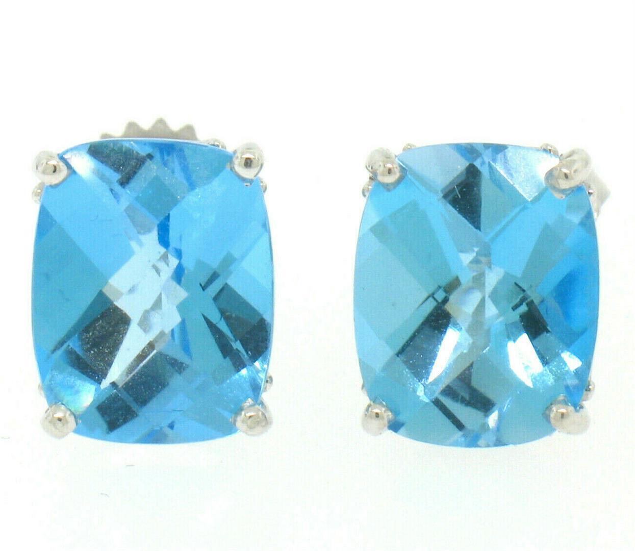 14k White Gold Cushion Cut Natural Blue Topaz Solitaire  Stud Earrings