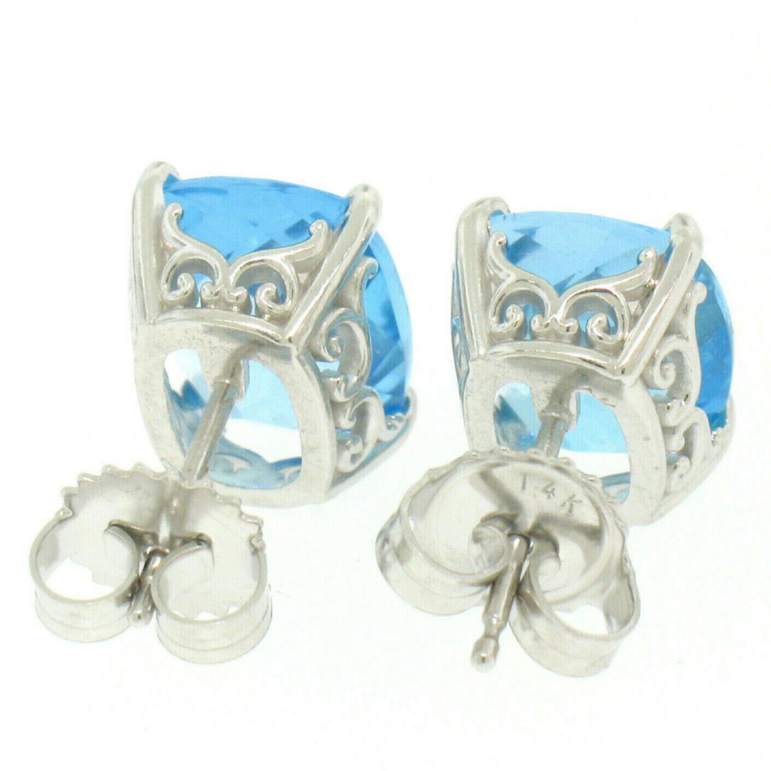 14k White Gold Cushion Cut Natural Blue Topaz Solitaire  Stud Earrings