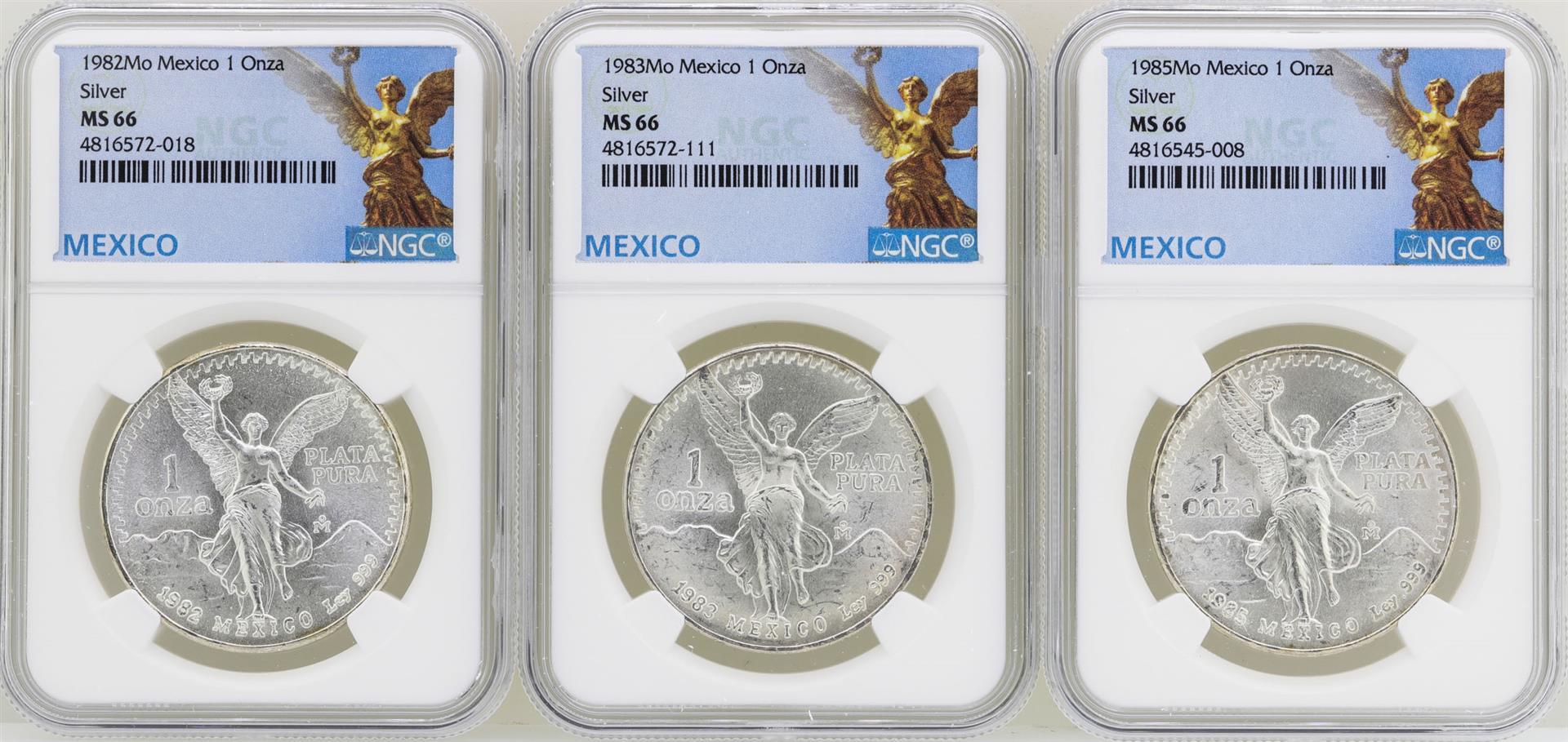 Lot of 1982Mo/1983Mo/1985Mo Mexico Libertad Onza Silver Coins NGC MS66