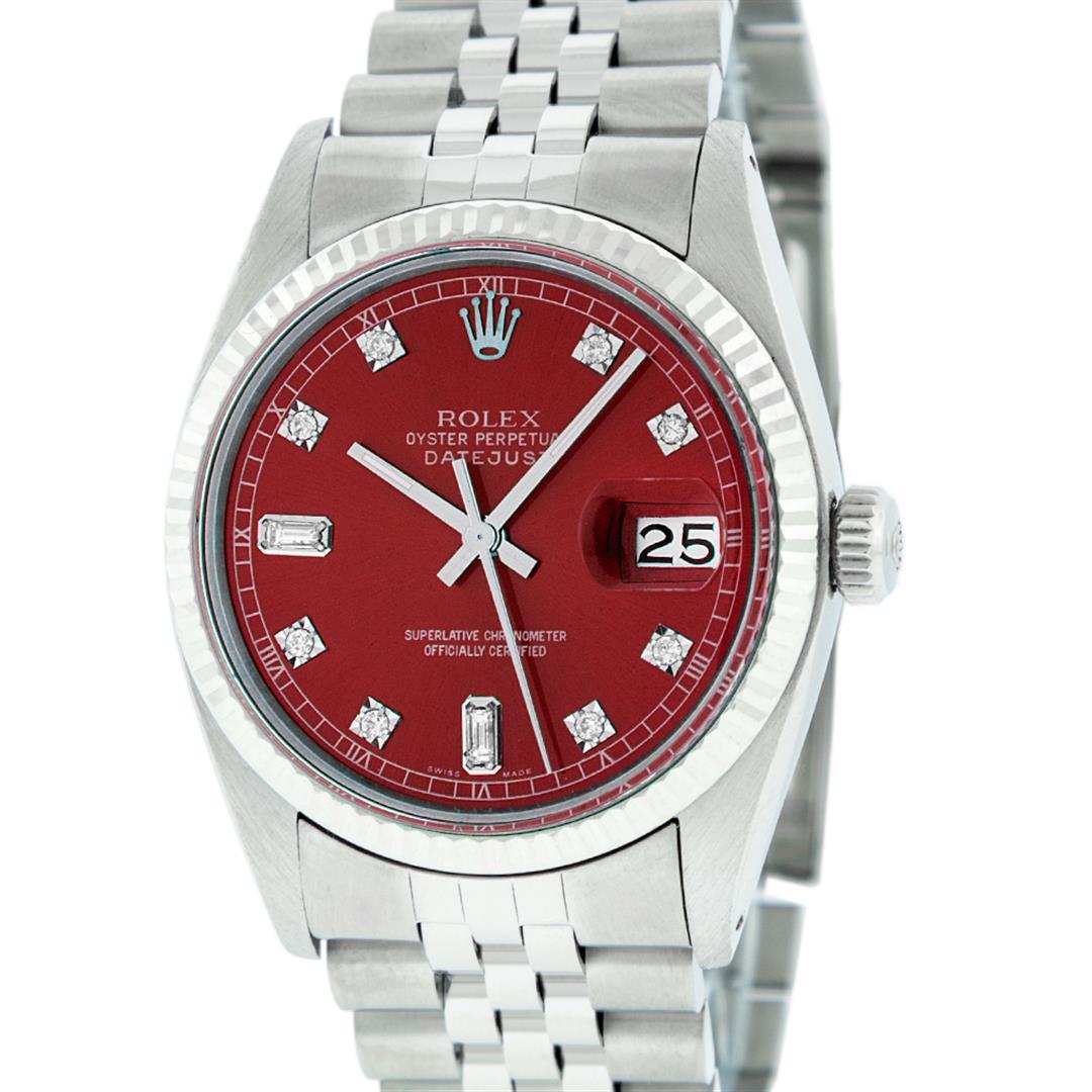 Rolex Mens Stainless Red Diamond 36MM Datejust Wristwatch