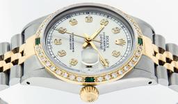 Rolex Mens 2 Tone 14K Silver & Emerald Diamond Datejust Wriswatch