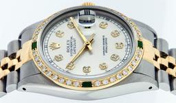 Rolex Mens 2 Tone 14K Silver & Emerald Diamond Datejust Wriswatch