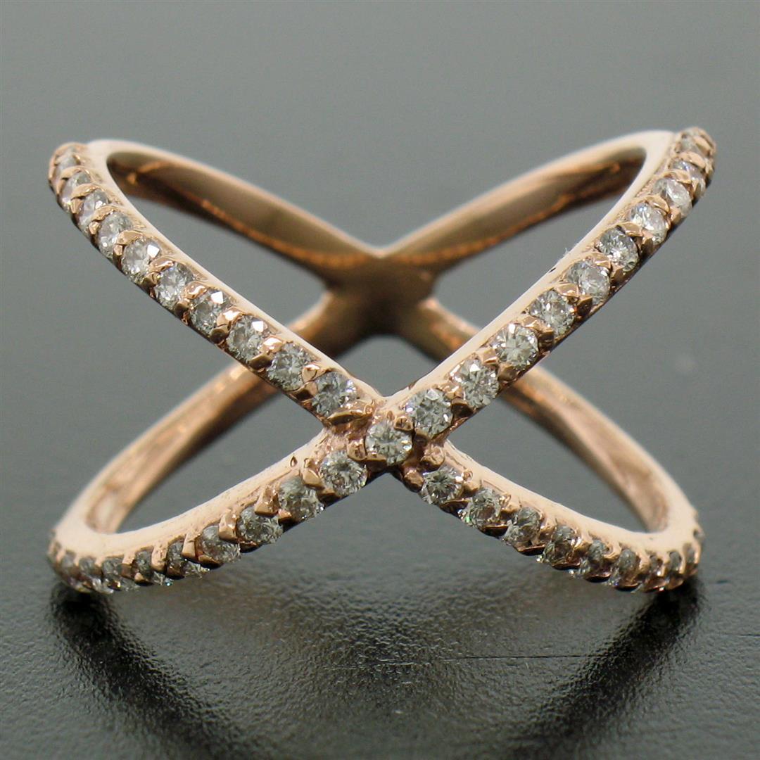 14k Rose Gold 0.50 ctw 45 Round Brilliant Diamond Simple X Ex Cross Band Ring