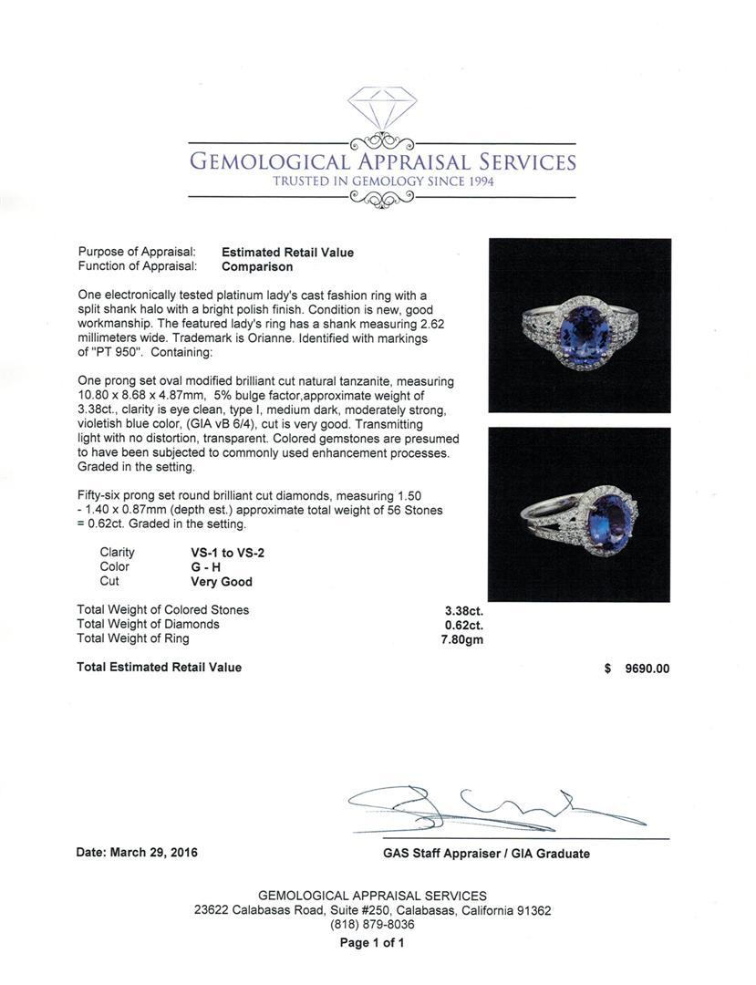 3.38 ctw Tanzanite and Diamond Ring - Platinum