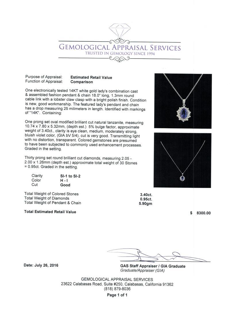 3.40 ctw Tanzanite and Diamond Pendant With Chain - 14KT White Gold