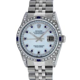 Rolex Mens Stainless Steel MOP Diamond Lugs & Sapphire String Datejust Wristwatc