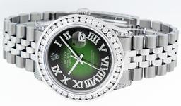 Rolex Mens Stainless Steel Green Vignette Roman Diamond Datejust Wristwatch With