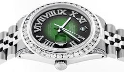 Rolex Mens Stainless Steel Green Vignette Roman Diamond Datejust Wristwatch With