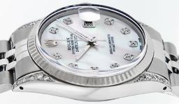 Rolex Mens Stainless Steel Mother Of Pearl Diamond Lugs 36MM Datejust Wristwatch