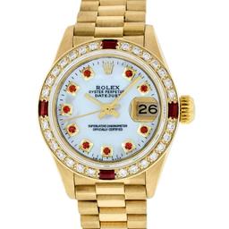 Rolex Ladies 18K Yellow Gold MOP Ruby President Wristwatch With Rolex Box & Appr