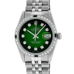 Rolex Mens Stainless Steel 36mm Green Vignette Diamond Datejust Wristwatch