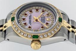 Rolex Ladies 2 Tone 14K Pink MOP Ruby & Emerald Datejust Wriswatch