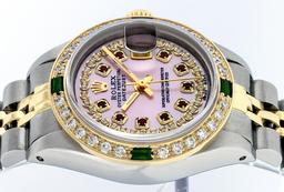 Rolex Ladies 2 Tone 14K Pink MOP Ruby & Emerald Datejust Wriswatch