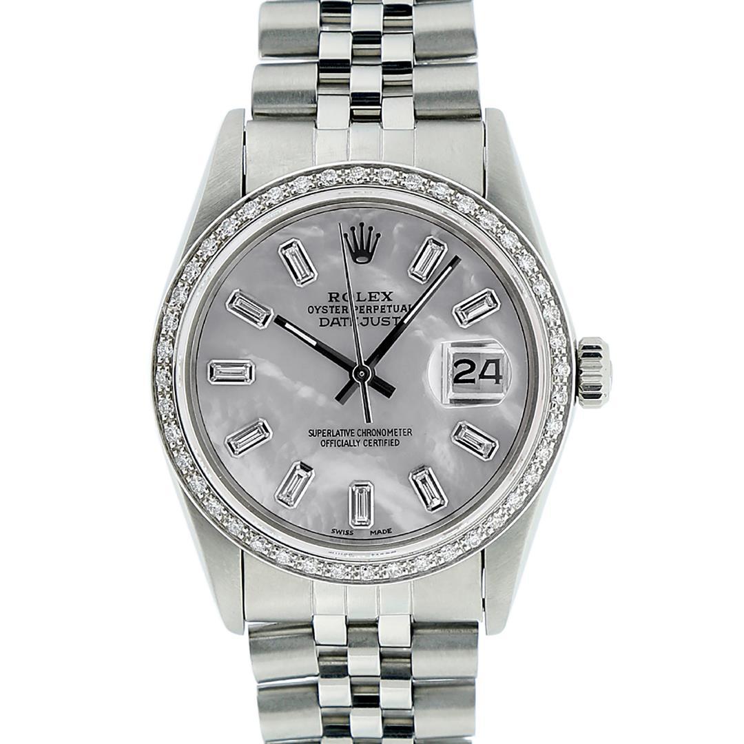 Rolex Mens Stainless Steel MOP Baguette Diamond 36MM Datejust Wristwatch