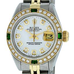Rolex Ladies 2 Tone White Diamond & Emerald Datejust Wristwatch