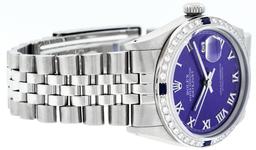 Rolex Mens Stainless Steel Purple Roman Diamond & Sapphire Datejust Wristwatch