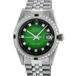 Rolex Mens Stainless Steel Green Vignette Diamond & Emerald Datejust Wristwatch