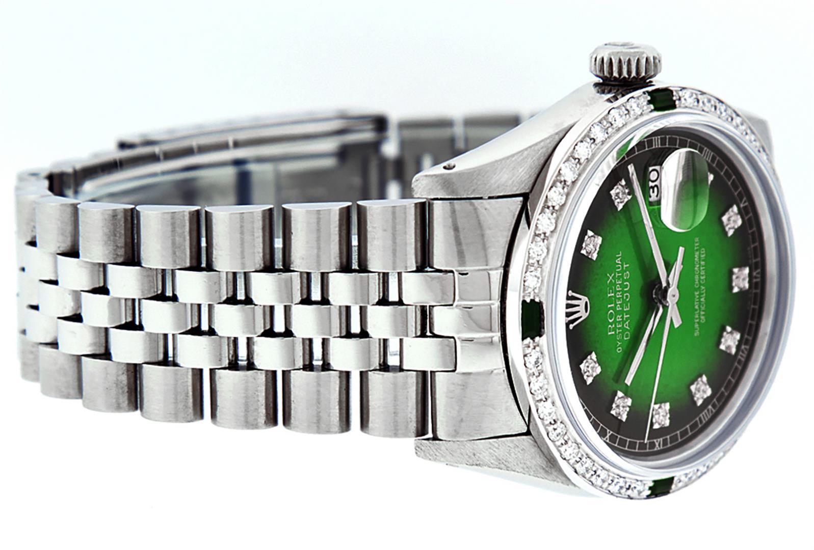 Rolex Mens Stainless Steel Green Vignette Diamond & Emerald Datejust Wristwatch