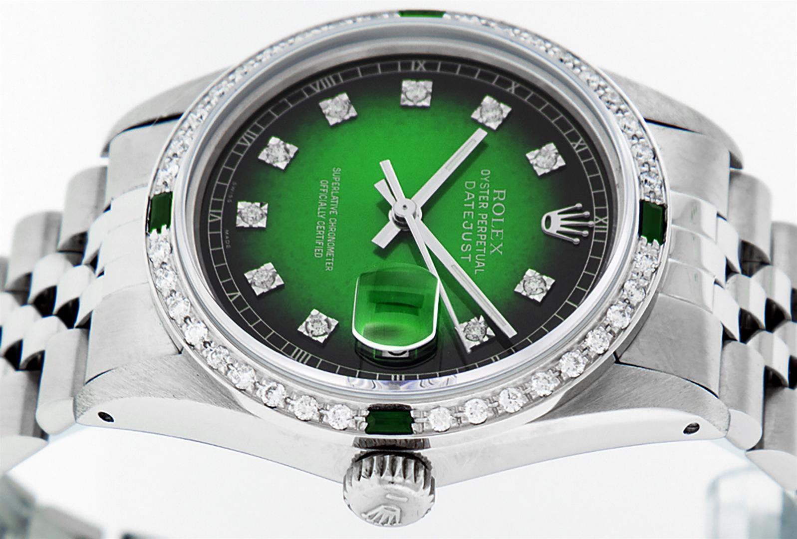 Rolex Mens Stainless Steel Green Vignette Diamond & Emerald Datejust Wristwatch