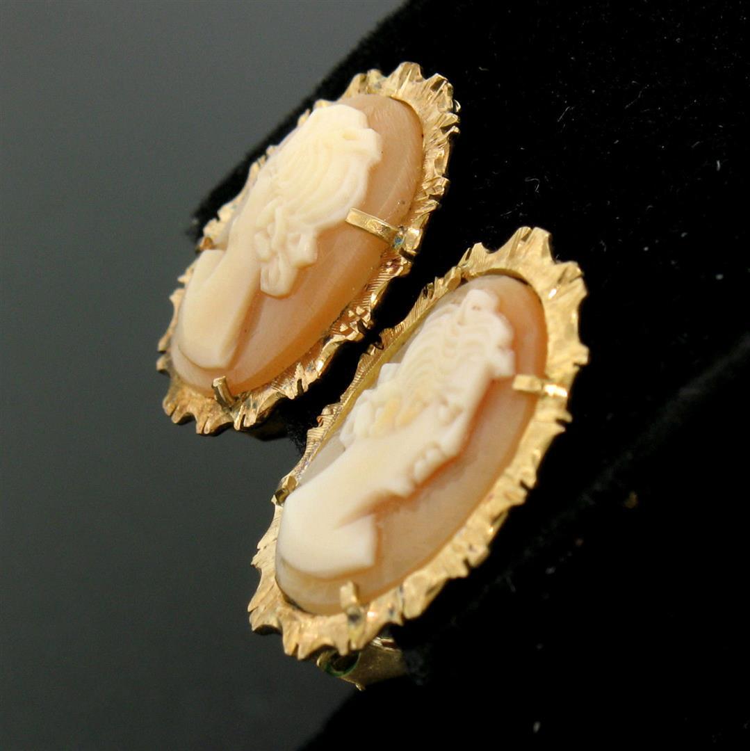 18k Yellow Gold Carved Shell Cameo Earrings w/ Etched & Textured Frames