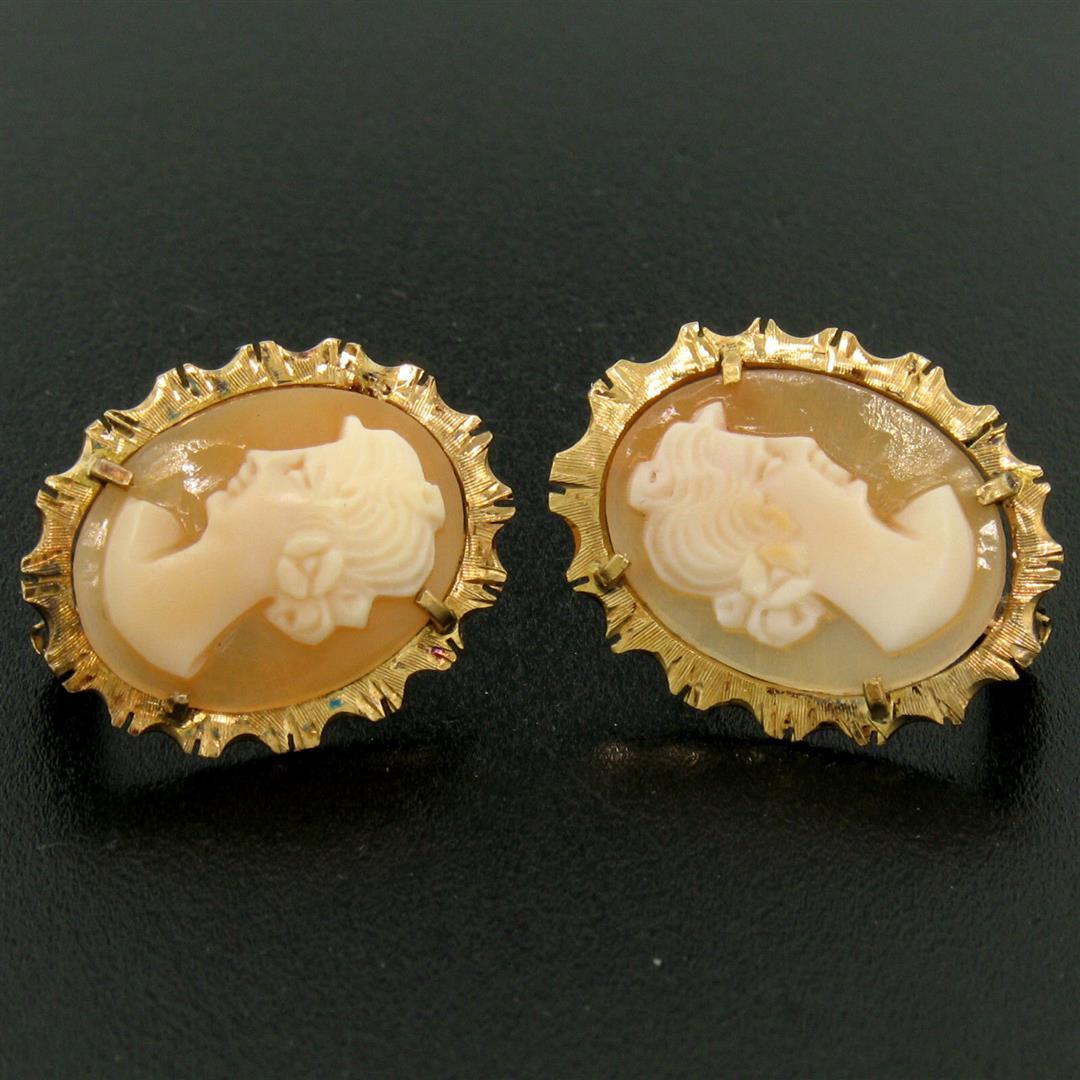 18k Yellow Gold Carved Shell Cameo Earrings w/ Etched & Textured Frames