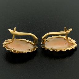 18k Yellow Gold Carved Shell Cameo Earrings w/ Etched & Textured Frames