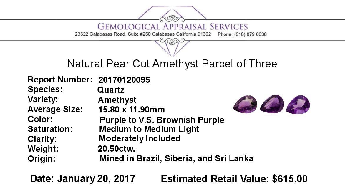 20.50 ctw.Natural Pear Cut Amethyst Parcel of Three