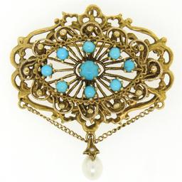 Vintage 14k Yellow Gold Round Turquoise & Pearl Open Work Brooch Pin Pendant