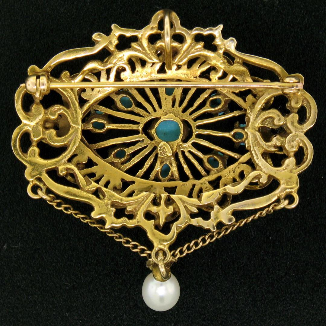 Vintage 14k Yellow Gold Round Turquoise & Pearl Open Work Brooch Pin Pendant