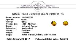 10.98 ctw.Natural Round Cut Citrine Quartz Parcel of Two