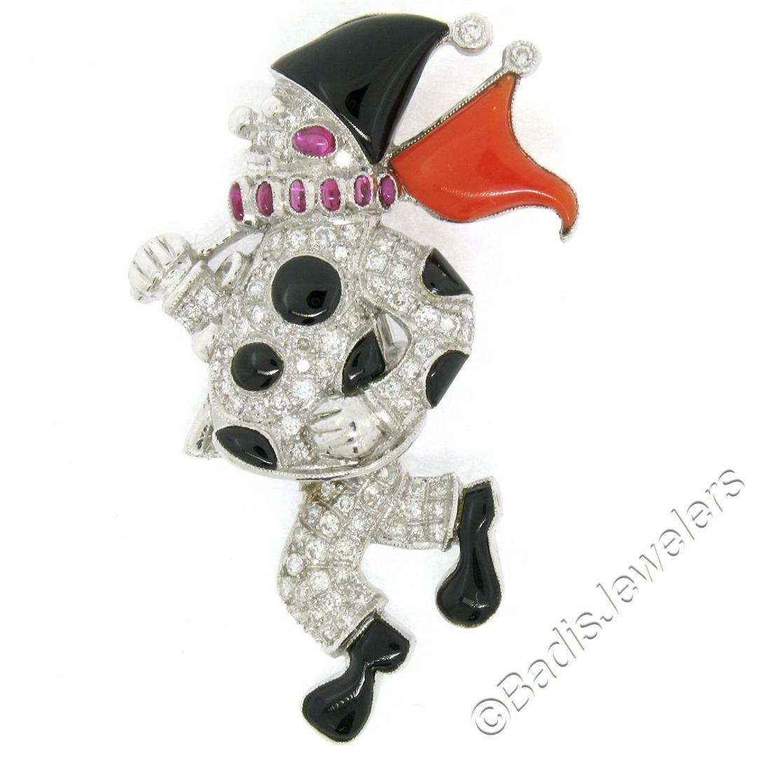 Vintage 18kt White Gold Diamond Black Onyx and Coral Clown Brooch Pin