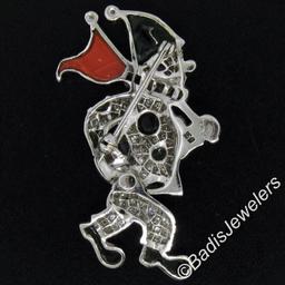 Vintage 18kt White Gold Diamond Black Onyx and Coral Clown Brooch Pin