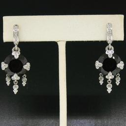 14k White Gold 11.2 ctw Round Garnet Dangle Earrings w/ Brilliant Diamond Accent