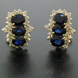 14k Yellow Gold 2.80 ctw Oval Sapphire Round Diamond Cluster Omega Back Earrings