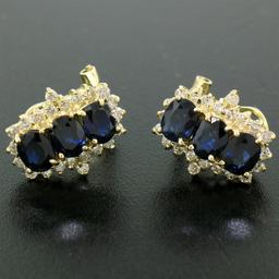 14k Yellow Gold 2.80 ctw Oval Sapphire Round Diamond Cluster Omega Back Earrings