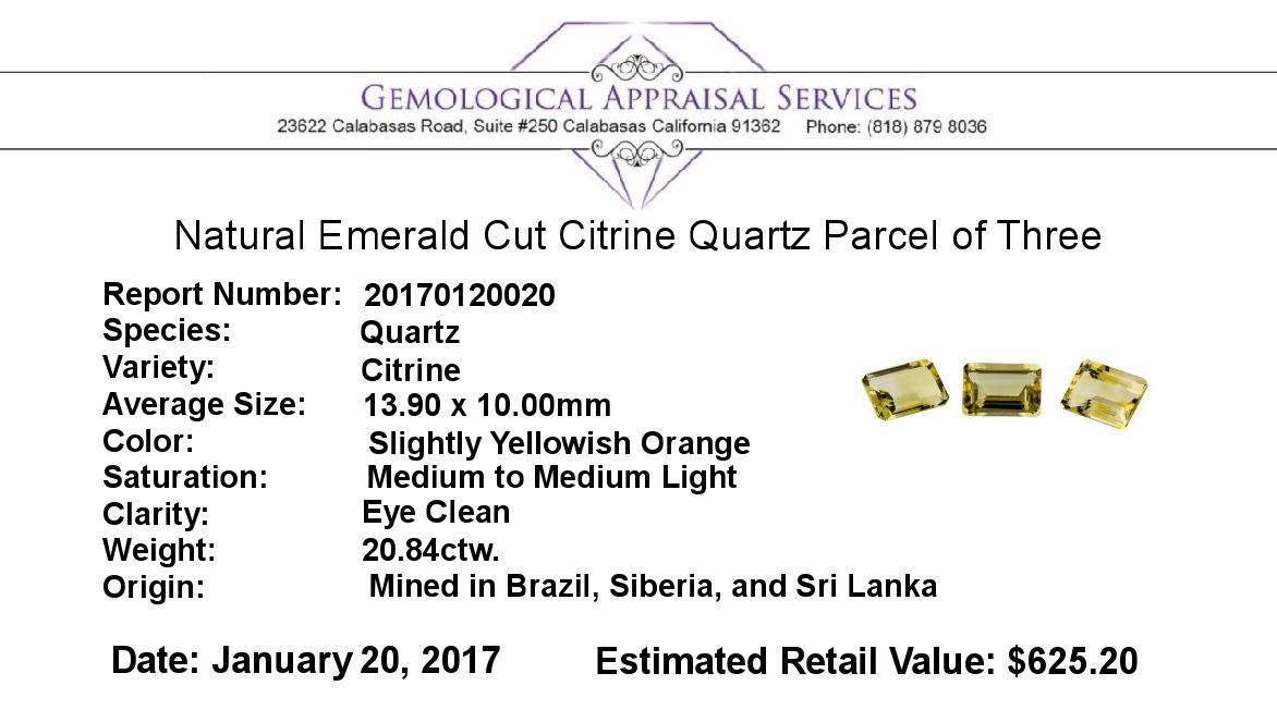 20.84 ctw.Natural Emerald Cut Citrine Quartz Parcel of Three