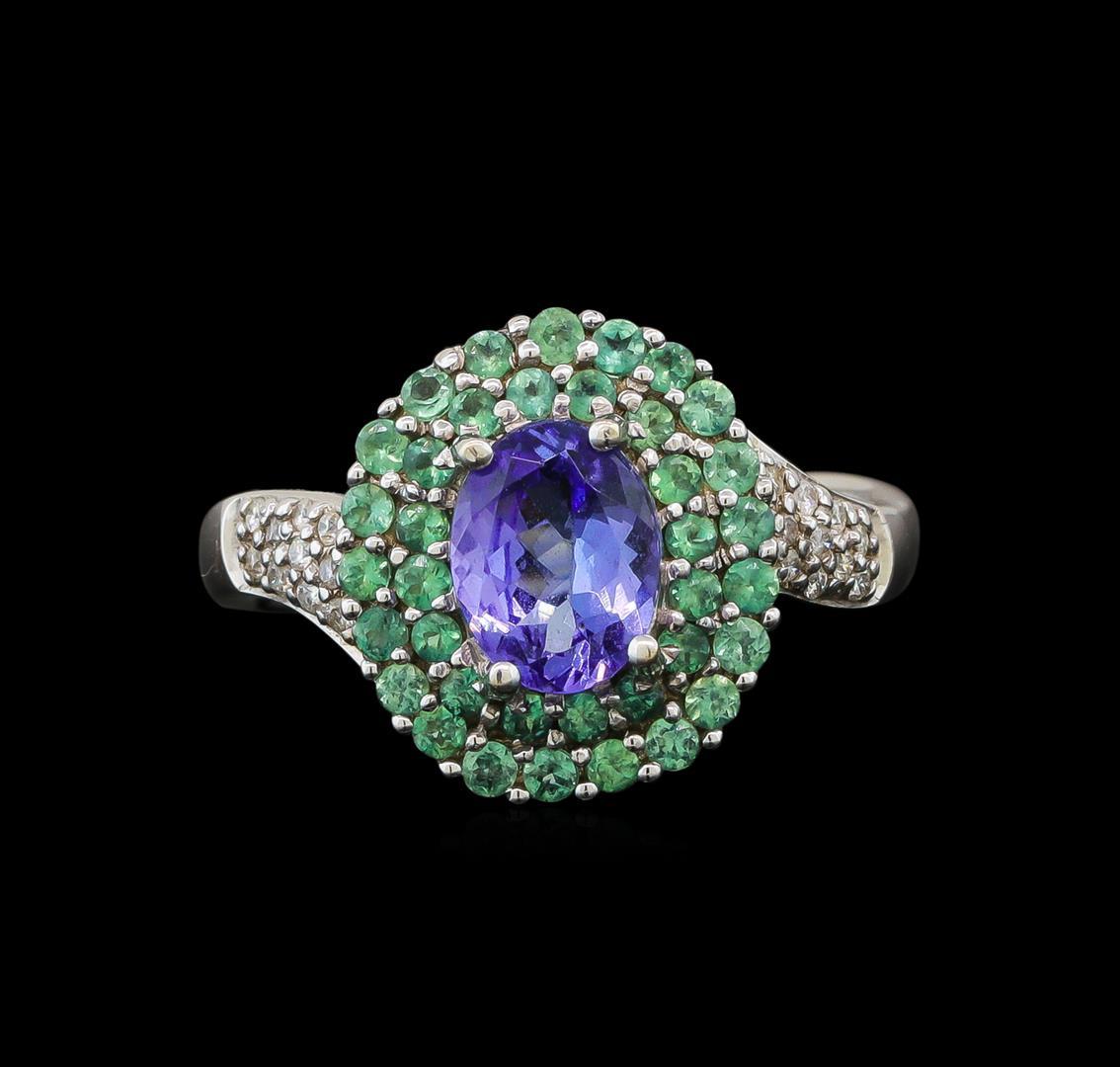 14KT White Gold 1.53 ctw Tanzanite, Emerald and Diamond Ring